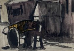 ‡ JOSEF HERMAN OBE RA mixed media - street scene with horse and cart, unsignedDimensions: 18 x