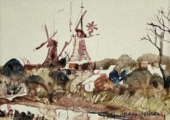 ‡ JOHN KNAPP-FISHER watercolour - distant windmills, entitled verso 'Windmills - Greetsiel, North