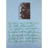 ‡ PAUL PETER PIECH two-colour linocut - image of Dylan Thomas above an excerpt from his poem, a long