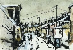 ‡ WILLIAM SELWYN mixed media - terraced street scene with figures, entitled verso 'Pentre Newydd,