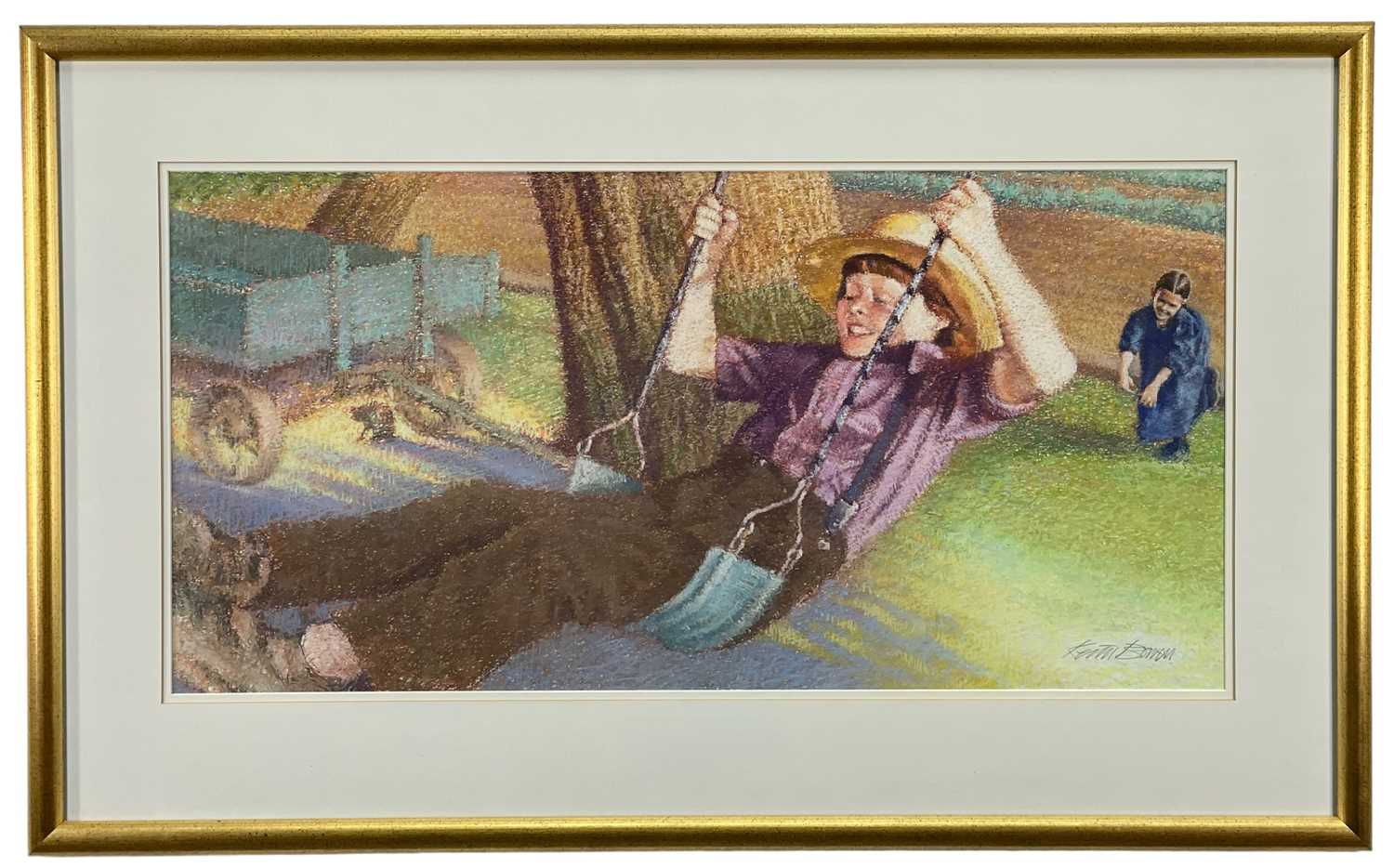 ‡ KEITH BOWEN pastel - Amish child on a swing, with figure beyond, signedDimensions: 38 x - Image 2 of 2