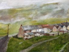 ‡ CERI BARCLAY oil on canvas - rear view of South Wales valley terraced houses, entitled verso '