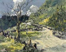 ‡ CHARLES WYATT WARREN oil on board - mountain roadway with trees and old fashioned road-direction