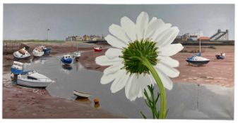 ‡ HUW JONES oil on canvas - Rhyl estuary at low tide with fairground and flower, signed verso and
