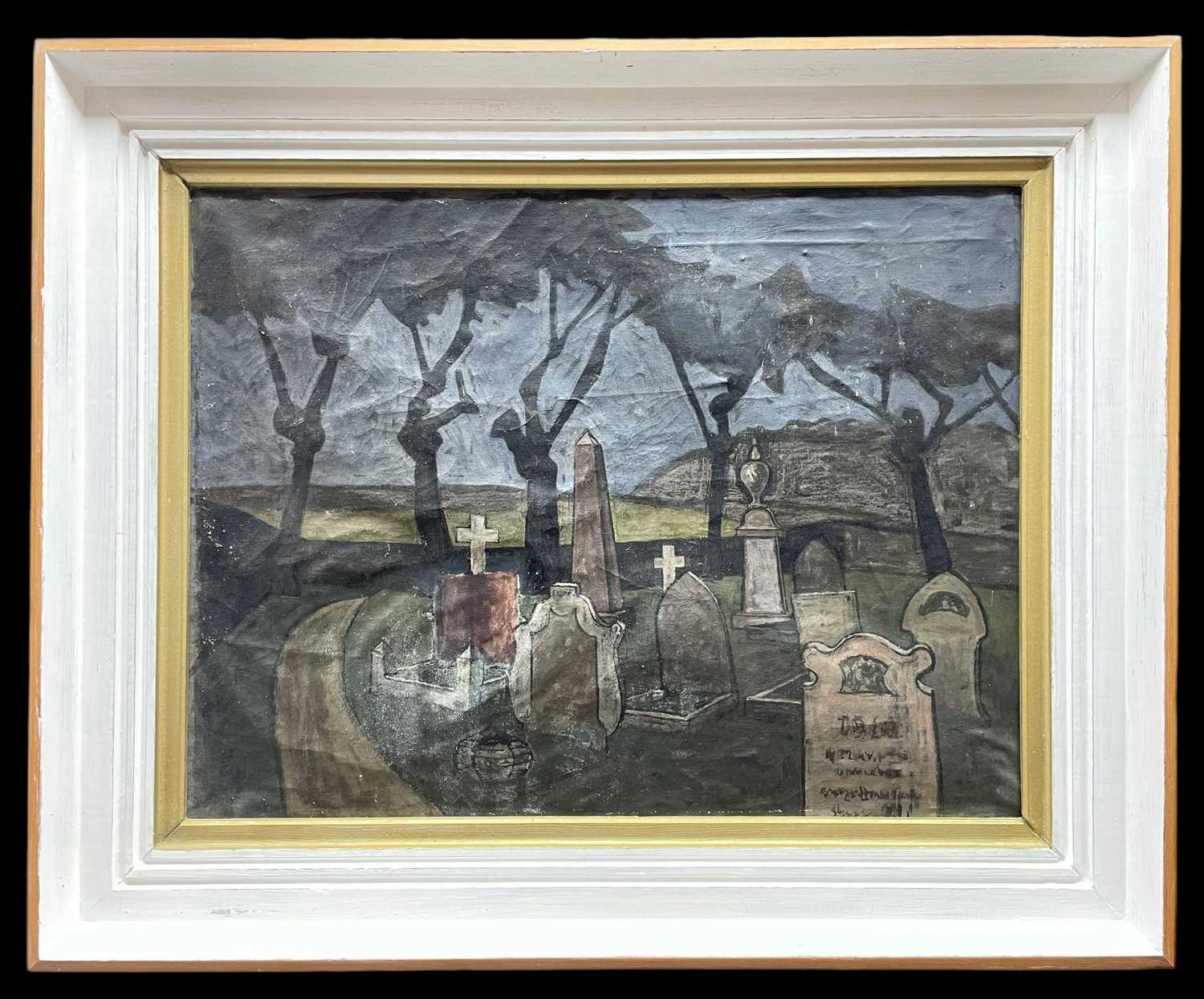 ‡ GEORGE CHAPMAN gouache on paper mounted to board - churchyard scene with gravestones and line of - Image 2 of 2