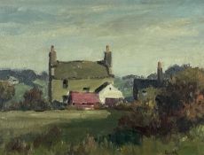 ‡ GYRTH RUSSELL oil on board - cottage and outbuildings, entitled verso on Albany Gallery label '