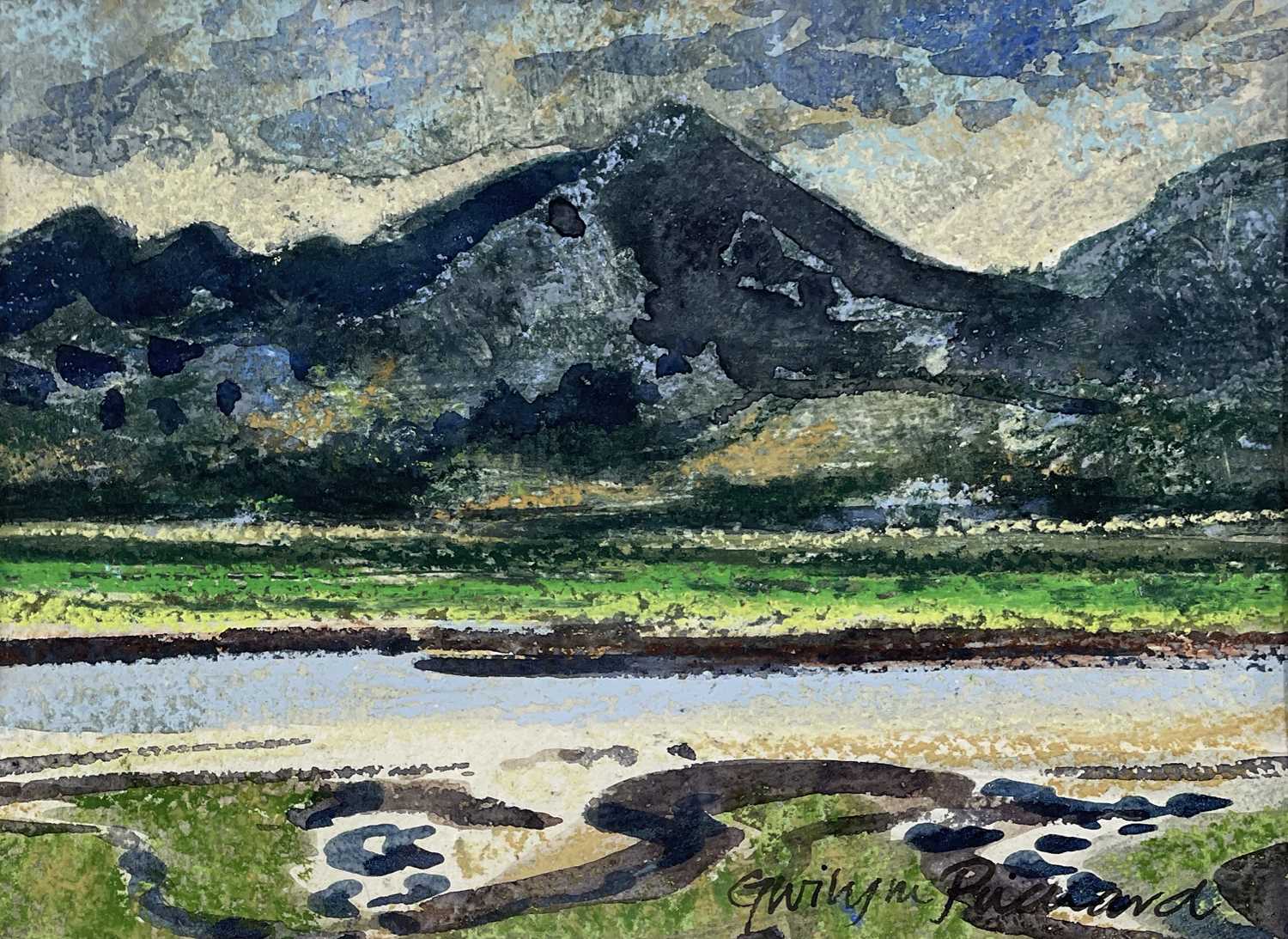 ‡ GWILYM PRICHARD watercolour - mountains with river in foreground, entitled verso 'Y Glaslyn ar