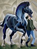 ‡ ALEX CAMPBELL liquitex acrylic on canvas - horse and figure, entitled verso 'Horse Leading a Man',