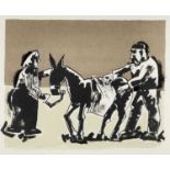 ‡ JOSEF HERMAN OBE RA limited edition (13/100) coloured print - figures with a donkey, signed in
