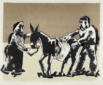 ‡ JOSEF HERMAN OBE RA limited edition (13/100) coloured print - figures with a donkey, signed in
