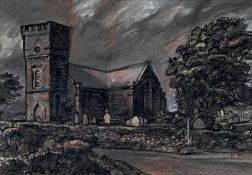 ‡ SELWYN JONES mixed media - village church and churchyard, entitled verso 'Eglwys Llanidan', signed