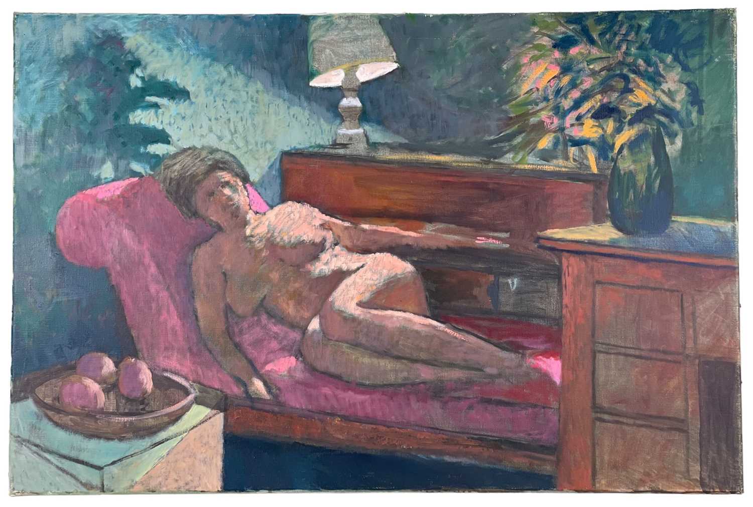 ‡ JOHN ELWYN oil on canvas - reclining nude female on a chaise longue with table lamp, bowl of fruit - Image 2 of 2