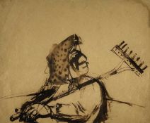 ‡ JOSEF HERMAN OBE RA pen and ink drawing - figure carrying rake over shoulderDimensions: 22.5 x