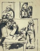 ‡ JOSEF HERMAN OBE RA pen and ink sketch - figure seated at table at mealtime, with inset figures