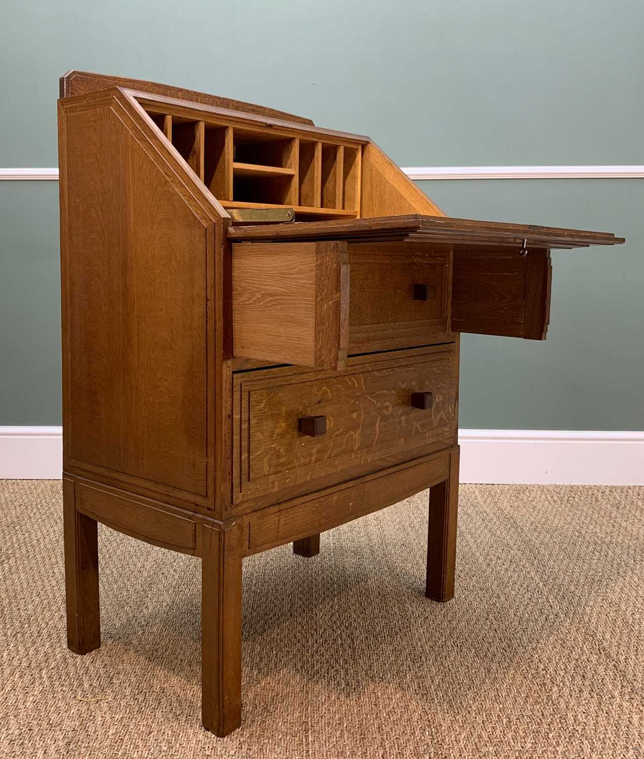 PAUL MATT FOR BRYNMAWR: OAK BUREAU, 1930s, stage back above step moulded angled fall and sides, - Image 4 of 9