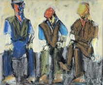 ‡ MIKE JONES mixed media - three seated males in conversation, entitled verso on Albany Gallery