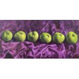 BRYN RICHARDS oil on canvas - row of green apples on a purple cloth, signed and dated