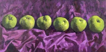 BRYN RICHARDS oil on canvas - row of green apples on a purple cloth, signed and dated