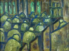 ‡ KAREL LEK oil on canvas - seated chapel goers at prayer, entitled verso 'Worshippers',