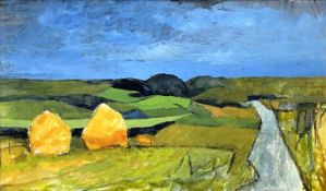 ‡ JOHN ELWYN mixed media - haystacks in a field alongside a roadway, circa 1950s, with studio