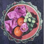 BRYN RICHARDS oil on canvas - still life of oranges and grapes, from the artist's 'Bowl' series,