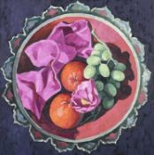BRYN RICHARDS oil on canvas - still life of oranges and grapes, from the artist's 'Bowl' series,