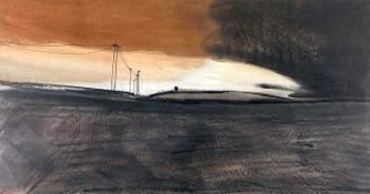 ‡ ROGER CECIL mixed media - evening landscape with figures and power lines, entitled verso on Albany