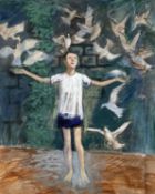 ‡ JOHN ROBERTS mixed media - boy in shorts with outstretched arms and gathering seagulls, signed