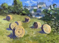 ‡ GWILYM PRICHARD oil on canvas - field with baled hay, river, bridge and town in background,