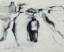 ‡ WILL ROBERTS pen and ink - figure with walking stick, entitled verso 'Tynywaun', dated