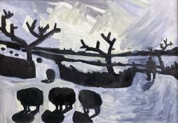 ‡ KARL DAVIES oil on board - moonlit landscape with sheep, entitled verso 'Picking up Stragglers',