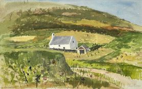 ‡ JOHN ELWYN watercolour - view across valley towards the Church of the Holy Cross at Mwnt,