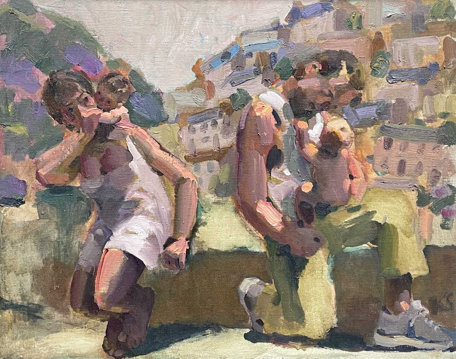 ‡ KEVIN SINNOTT oil on canvas - male and female carrying young children with terraced houses in