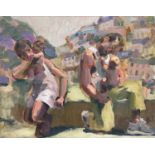 ‡ KEVIN SINNOTT oil on canvas - male and female carrying young children with terraced houses in