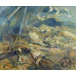 ‡ GARETH PARRY oil on canvas - mountains and valley, entitled verso 'Tirlun Haf Hefo Cawod -