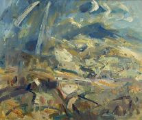 ‡ GARETH PARRY oil on canvas - mountains and valley, entitled verso 'Tirlun Haf Hefo Cawod -