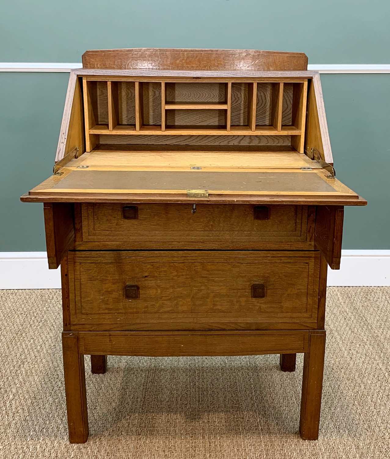 PAUL MATT FOR BRYNMAWR: OAK BUREAU, 1930s, stage back above step moulded angled fall and sides, - Image 2 of 9