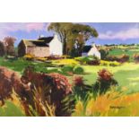 ‡ DONALD McINTYRE acrylic - whitewashed farmhouse and farm buildings, entitled verso on Albany