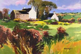 ‡ DONALD McINTYRE acrylic - whitewashed farmhouse and farm buildings, entitled verso on Albany