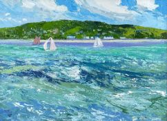 ‡ GWILYM PRICHARD oil on canvas - sailing boats off the north Wales coast, signed with initials,