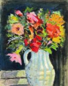 ‡ JOHN ELWYN acrylic on card - still life, flowers in a white jug, signed verso and dated 1992
