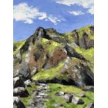 ‡ GWYN ROBERTS oil on canvas - mountains with blue sky, entitled verso on Albany Gallery label '