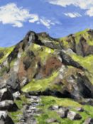 ‡ GWYN ROBERTS oil on canvas - mountains with blue sky, entitled verso on Albany Gallery label '