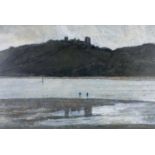 ‡ GORDON STUART oil on card - two figures on the shoreline with Llansteffan Castle on hill behind,