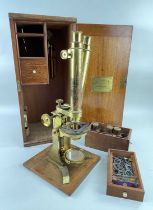 BAKER OF LONDON BINOCULAR MICROSCOPE, the gilt brass microscope marked 'Baker 244 High Holborn