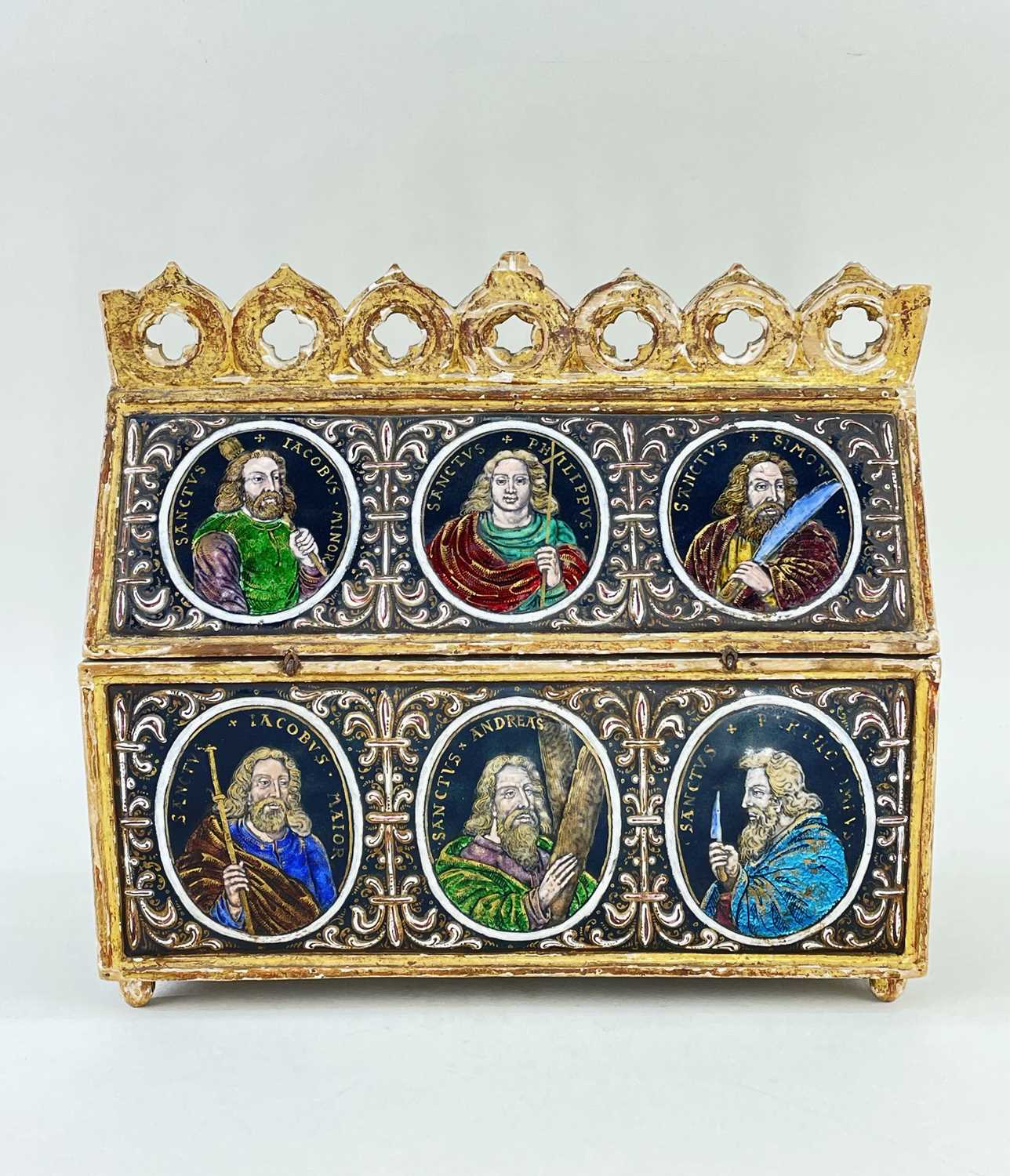 19TH CENTURY GILTWOOD & ENAMEL SET CHASSE OR CASKET IN THE 16TH CENTURY LIMOGES STYLE, the - Image 2 of 6