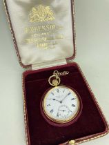 J.W. BENSON 18CT GOLD OPEN FACED POCKET WATCH, white enamel roman dial with subsidiary seconds dial,