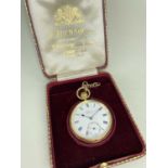 J.W. BENSON 18CT GOLD OPEN FACED POCKET WATCH, white enamel roman dial with subsidiary seconds dial,