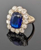 N.B.AMENDED: BLUE PASTE & DIAMOND CLUSTER RING, surrounded by thirteen diamonds, 0.10ct each