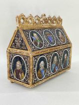 19TH CENTURY GILTWOOD & ENAMEL SET CHASSE OR CASKET IN THE 16TH CENTURY LIMOGES STYLE, the